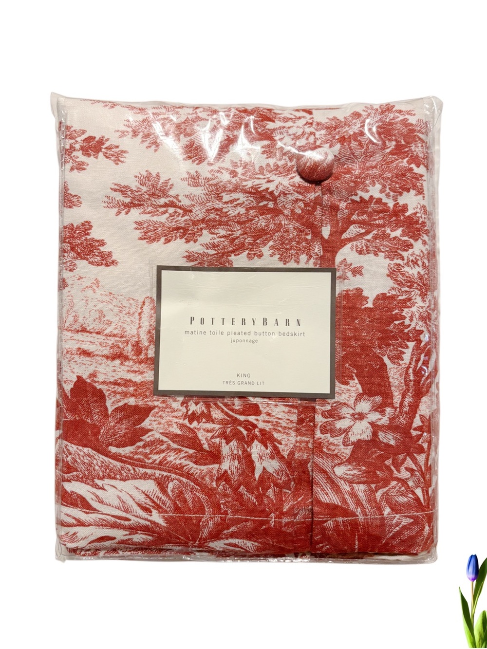 Pottery Barn Matine Toile Pleated Button King Bedskirt Juponnage Red & Beige